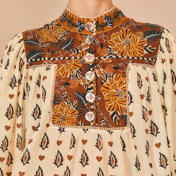 Farm Rio Beige Ainika Floral Long Sleeve Blouse - Picture 6 of 10